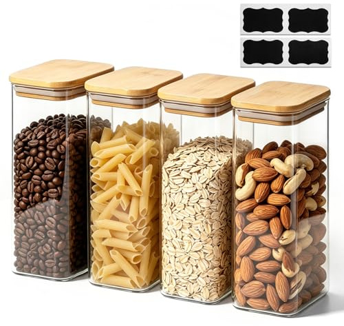 ComSaf förvaringsburkar i glas med bambulock, 1,5 L, 4-pack | rektangulär och kompakt, pasta, müsli, mjöl, kex, smidig förvaring, ordnad förvaring, för skafferi och kök