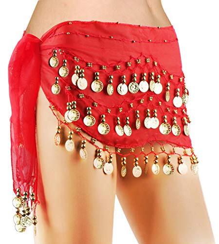 COSICS Belly Dancing Hip Scarf, Chiffon Dangling Dancing Skirt with 128 Gold Coins, Party Performance Outfits for Women, Red