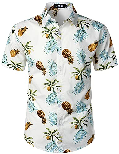 JOGAL Men's Flower Casual Button Down Short Sleeve Hawaiian Shirt White PineLeaf 3X-Large