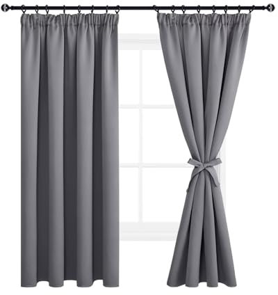 DWCN Grey Blackout Curtains for Bedroom Thermal Curtains Pencil Pleat Short Window Curtains with Hooks for Track Rail Curtains for Living Room 66 x 72 inch Length, Grey, 2 Panels