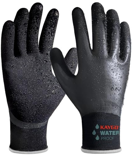 KAYGO gants de travail imperméables pour hommes et femmes avec double revêtement en latex, antidérapante grip pour jardinage, lavage de voiture, pêche, nettoyage, KG150 (Noir, XL, taille 10, 1 paire)