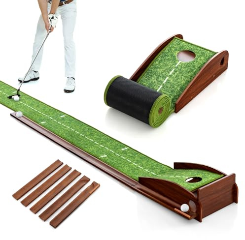 COSTWAY Golf puttingmatta, golfmatta med 1/2/3 hål, bilåterkomst träningsmatta med 3 golfbollar och konstgräs, puttingtränare inomhus, utomhus för nybörjare, proffs (1 hål)