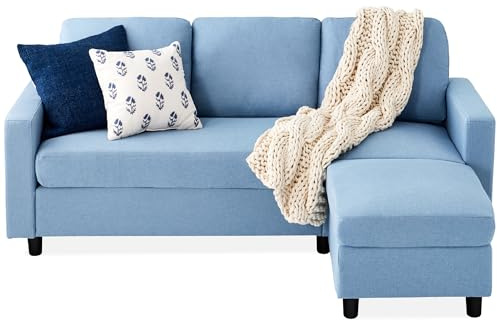 Best Choice Products Upholstered Sectional Sofa for Home, Apartment, Dorm, Bonus Room, Compact Spaces w/Chaise Lounge, 3-Seat, L-Shape Design, Reversible Ottoman Bench, 680lb Capacity - Light Blue
