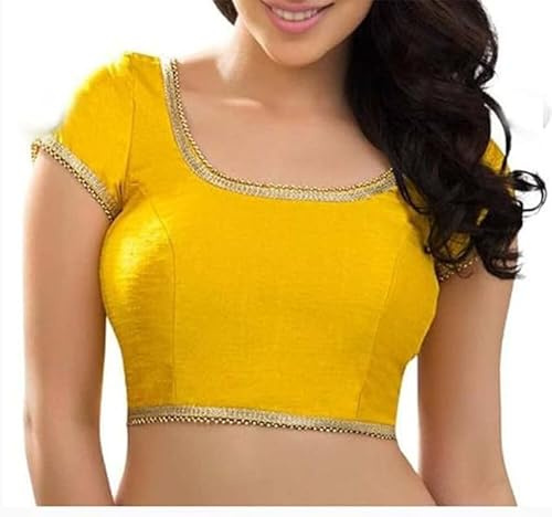 The India's Store Indian Women's Dupion Stitched Short Sleeve Blouse Readymade Ethnic Tunic Choli Round Neck, Back Open with Lace Yellow