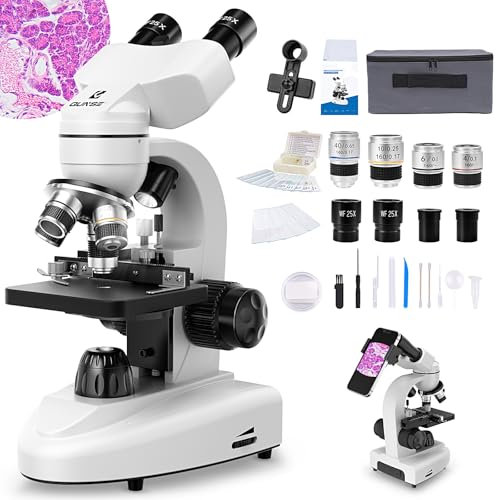Binokulares Mikroskop, 40X-1000X, Lineal verschieben, 4 Objektivlinsen, Grober und feiner Fokus, mit WF 10X/25X Okulare, Zubehör, Transportkoffer