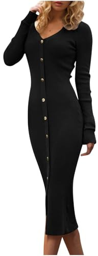 Zeiayuas Jumper Dress for Women UK Long Sleeve V Neck Knitted Dress Ladies A-Line Elegant Sweater Winter Dresses Button Ribbed Knit Midi Dress Elegant Csual Slim Fit Bodycon Work Dress Black