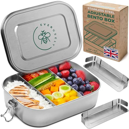 Everusely - Fiambrera de acero inoxidable - 1400 ml, 2 divisores ajustables - Contenedores bento herméticos para adultos y niños - Cajas para almacenar alimentos para refrigerios y ensaladas