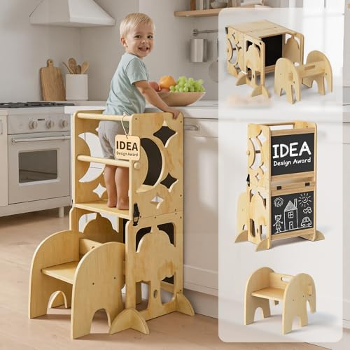 COSYLAND 4-In-1 Toddler Kitchen Step Stool - Foldable Learning Standing Tower with Blackboard - Convertible Wooden Kitchen Stool Helper for Kids Boys Girls (Natural)