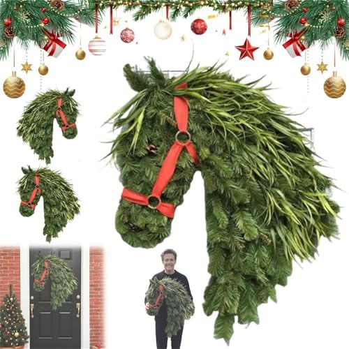 Weihnachtsdeko Wand Pferdekopf Skulptur Kranz Weihnachtskranz Künstlicher Weihnachts Türkranz Bauernhaus Weihnachtstürkranz Pferde Weihnachtsschmuck für Weihnachten Tür Wand Haustür Fenster Deko
