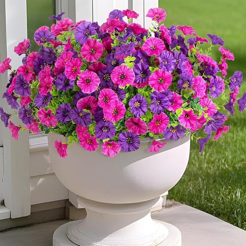 Regallop Artificial Outdoor Flowers Fake Plants, 12 Bundles Silk Morning Glory Eucalyptus Realistic Colorful Faux Flowers for Outside Planter Porch Yard Patio Balcony (fuchsia ,purple)