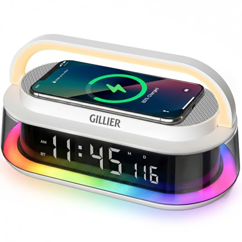PQSNZ Wireless Charging Alarm Clock Radio – 15W Fast Charging Station for iPhone Samsung,16W Portable Bluetooth Speaker, FM Clock Radio, Dimmable Digital Alarm Clocks for Bedrooms, White