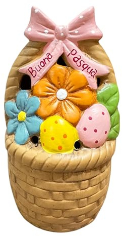 GMM Cestino Pasquale Decorativo in Ceramica con Fiori e Uova, Decorazione Buona Pasqua con Fiocco Rosa