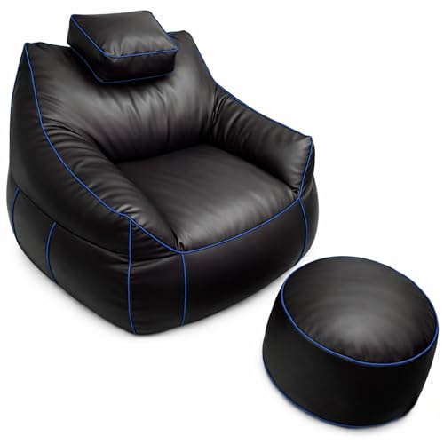 Bananair XXL Gaming sittsäck och skumfotpinnar – komfort och spel – justerbart nackstöd med 2 fickor – för soffa, vardagsrum och set up gaming (110 x 100 x 90 cm, blå)