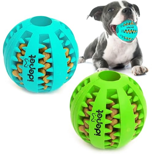 Idepet Dog Toy Ball, Nontoxic Bite Resistant Toy Ball for Pet Dogs Puppy Cat, Dog Pet Food Treat Feeder Chew Tooth Cleaning Ball Exercise Game IQ Training ball,2 Pack- Blue & Green