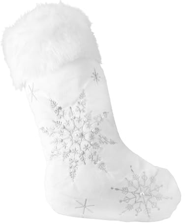 DOITOOL Julstrumpa med vit fuskpäls gnistrande snöflinga paljetter julstrumpa hängande dekoration för semester jul öppen spis dekorationer strumpor silver