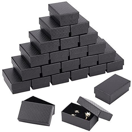 BENECREAT 24 Packs Black Diamond Pattern Cardboard Jewelry Boxes, 8x5x3cm Cardboard Jewelry Gift Boxes with Velvet Sponge Insert for Christmas Party, Halloween, Anniversaries, Weddings