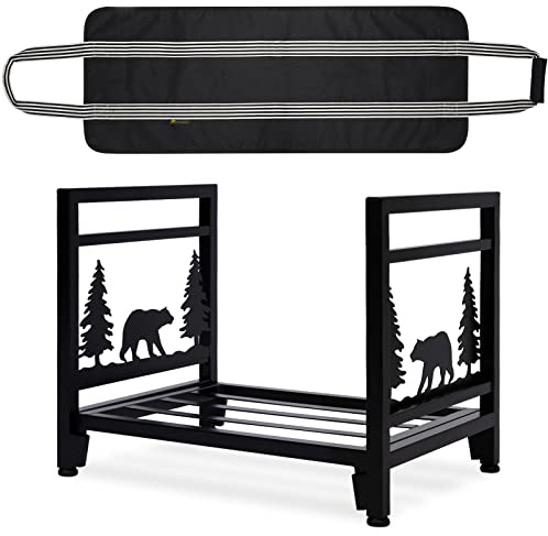 MYFIREPLACEDIRECT Firewood Carrier with Log Bag Indoor/Outdoor Wood Storage Rack - Heavy Duty Steel Stove Bracket