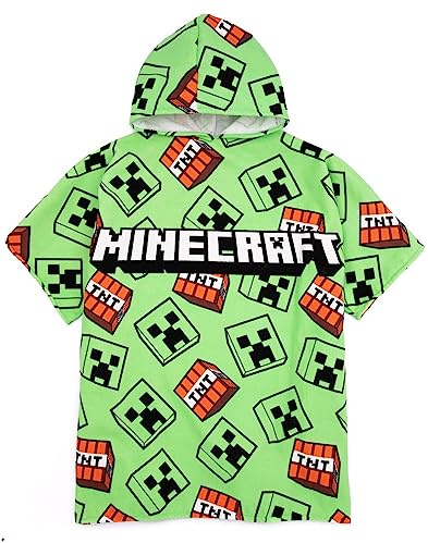 Minecraft Kids Towel Poncho | Childrens Green Gamer Bath Towel | Creeper TNT Game Swimwear Beach Graphic Changing Robe