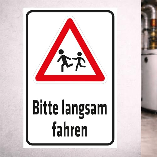 INDIGOS UG - Aluverbundplatte Schilder 3mm - Sicherheit - Bitte langsam fahren - 400x300 mm - Hotel, Firma, Schutz, KITA, Arzt, Praxis, Wohnung