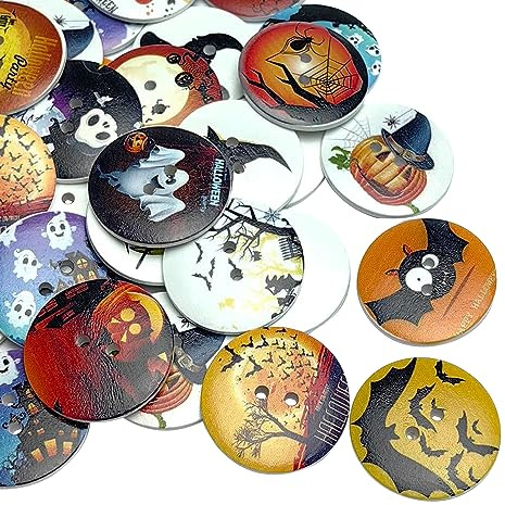 Chenkou Craft 30pcs Mix Halloween Wood Buttons Wizard Pumpkin Lantern Ghost Spider Skull Castle Sewing Craft 2 Holes (1 1/2(40mm), Multi-Color)