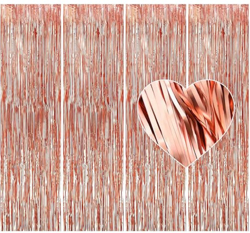 4 Stück Lametta Vorhänge Glitzer Folie Fransen Vorhang Schimmer Dekoration Folien Fransen Hintergrund Fringe Glitzervorhänge für Silvester Disco Party Weihnachten Neujahr Party Dekoration (Roségold)
