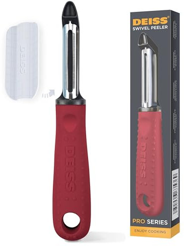 Pelapatate girevole Deiss PRO Pelapatate affilato in acciaio inox con facile impugnatura antiscivolo, pelapatate per cucina, frutta, carote, mele, verdure, resistente e lavabile in lavastoviglie (RED)