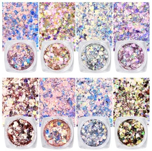 8 Pièces Paillettes d'Ongles, Paillette Holographique Poudre Brillantes, Glitter Nail Art Sequin, Nail Glitters Paillettes, Poudre Paillette à Ongles pour DIY Festival Corps Visage Ongles Décoration