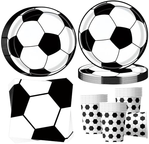 OMZSXK Set di stoviglie per feste di calcio per 16 ospiti, piatti da festa neri e bianchi a forma di pallone, piatti di carta, bicchieri e tovaglioli per feste a tema calcio, compleanno per ragazze e