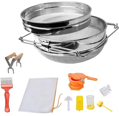 Dcaknri Bienenzucht-Ernte-Kits, Edelstahl, Doppelsieb, Honigsieb, Rahmen, Griff und Entdeckelgabel, Imkerbedarf