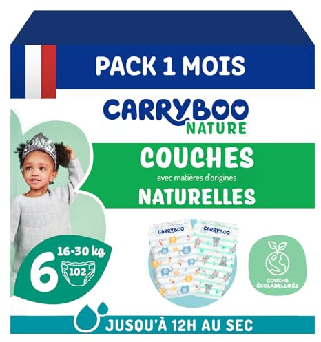 CARRYBOO - Couches Taille 6 (16-30kg) - Peaux sensibles - Naturelles et Ultra absorbantes - 12h Anti-fuites - Sans ingrédients indésirables - Fabriquées en France - 102 Couches - Pack 1 Mois