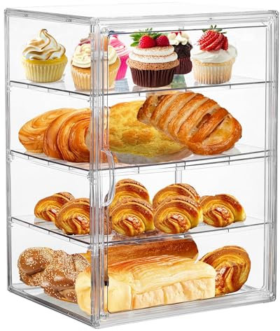 Oursouion Bread Bin, Clear Bread Bins for Kitchen,4 Layers Adjustable Bread Box with Lid,Bread Storage Container with Door- Bakery Pastry Display Case