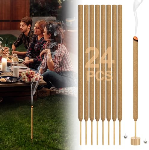 24 st citronella rökelsepinnar utomhus med hållare – DEET-fri härlig lukt naturlig pinne för uteplatser bakgårdar camping väsentligheter, hög synlighet i gräs, 2-2,5 timmar per pinne