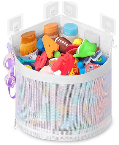 Bath Toy Storage Organizer, Bath Toy Storage Net Bag, Mesh Bath Toy Tidy, Baby Bath Toy Holder Bag, Bathroom Toy Organiser with 5 Compartment Openings, 2 Side Hooks and 4 Strong Suction Hooks