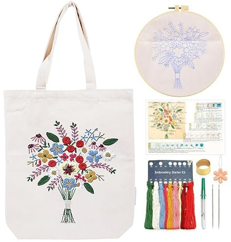CREAWONDER Kit de sac fourre-tout en toile à broder avec motif pour débutants, kit d'artisanat et de broderie DIY pour adultes, instructions, cercles à broder, fils colorés (beige, CR002