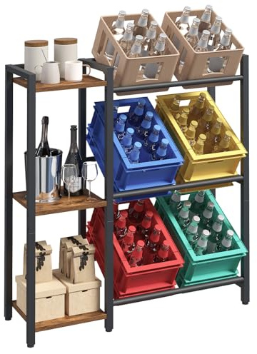 YATINEY 3-stöckiges Getränkekistenregal mit 3 Ablagen, Getränkeregal für 6 Getränkekisten, Kistenregal, Regal für Bier, Flaschen und Wasser, für Küche, Vintagebraun und Schwarz XCJ32BR
