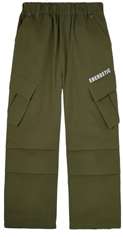 Rolanko Pantaloni Cargo per Ragazzi, Vita Elastica Pantaloni da Jogging Chino a Gamba Dritta in Cotone con Multitasche per Bambini 7-15 Anni, Verde Militare, 170, 14-15 Anni
