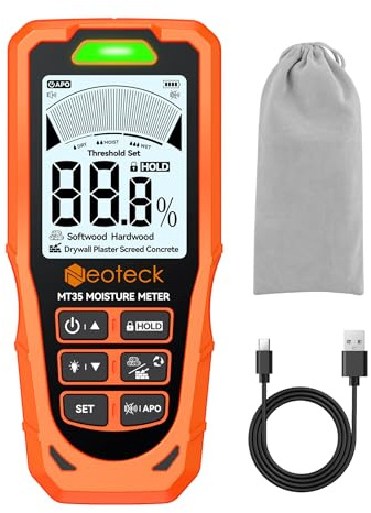 Neoteck 6 in 1 Pinless Moisture Meter 19mm Digital Moisture Detector ±2% Accuracy Wood Moisture Reader with Audible &Visual Alarm and 2.9inch LCD Display for Wood Wall Concrete Drywall Plaster Screed