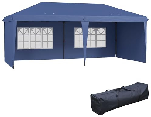 Outsunny Carpa Plegable 6x3 m, Pop-up, con 4 Laterales Desmontables, Cenador de Jardín con 2 Ventanas Visibles, Bolsa de Transporte, Impermeable, Anti-UV, Gazebo para Camping, Fiestas, Exterior, Azul