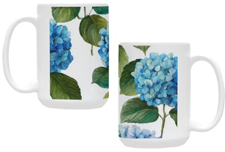 qenuh Hydrangea Flower Blue Whimsy Ceramic Mugs Coffee Cup Smooth Glaze Finish 15 oz Classic Tea Cup for Hot Drinks, Office/Home Use