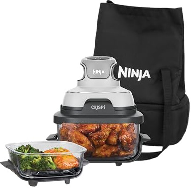 Ninja CRISPi Tragbare Heißluftfritteuse mit Tragetasche, 3,8 l & 1,4 l, 4-in-1: Heißluftfrittieren, Braten, Aufknuspern, kompaktes Design, 2 abnehmbare Glasbehälter & Deckel, 1700 W, Weiß FN102EU