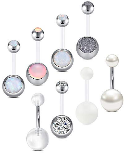 FECTAS 8er Bauchnabelpiercing Set 14G 10mm Plastik Flexibel Kunststoff Bauchpiercing Silber Rosa Bioflex