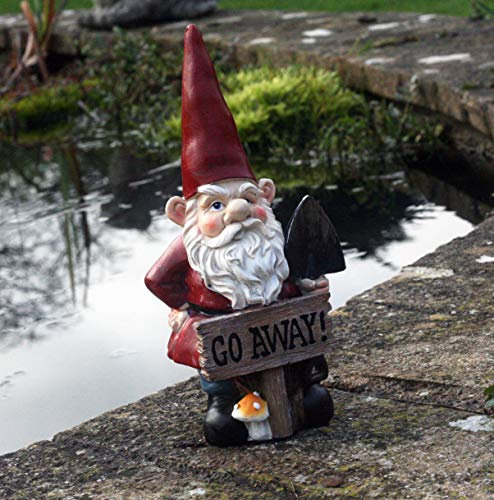 Grumps Traditional Garden Gnome with Red Hat Holding Sign Saying Go Away!. 20 cm tall