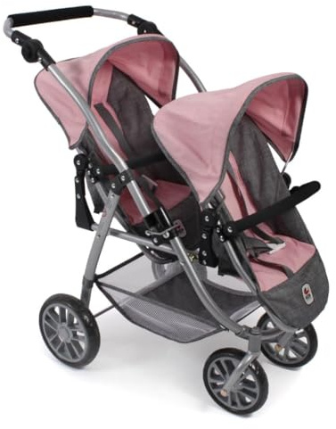 Vario Tandem Buggy, Twin Buggy for Two Dolls, Doll's Pram for Children from 4 to 8 Years, Melange Grey/Pink