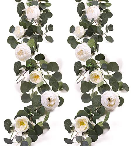 JUSTOYOU 2 Stück künstliche Eukalyptus-Girlande mit Blume, 8-köpfige Pfingstrosen-Blumenreben, grüne Blumengirlanden-Dekoration für Hochzeitsbogen, Wandhintergrund, Hochzeitstisch, Party (weiß)