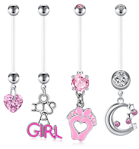 LAURITAMI 4pcs Piercing Ombelico Gravidanza Pancia Barre 14G 25mm Acrilico Bioflex Pendenti maternità Ombelico Piercing Gioielli