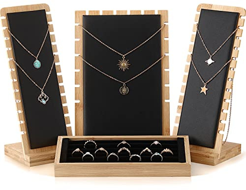 Henoyso 4 Pcs Necklace Display Stand Bamboo Jewelry Display Board Ring Organizer Holder Jewelry Storage Tray for Home Vendors(Black)