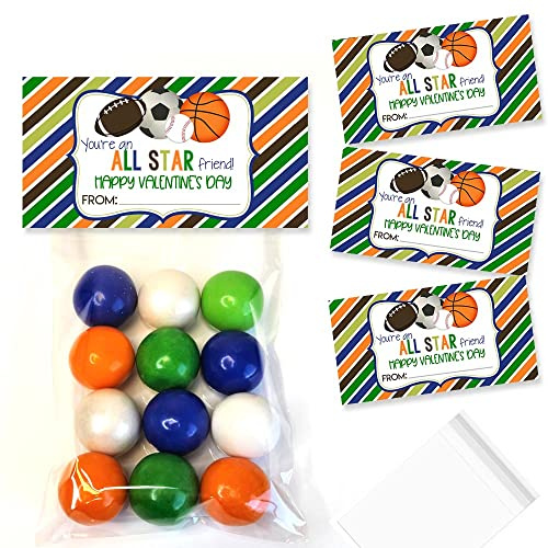 Amanda Creation All Star Sports Themed Happy Valentine's Day Bag Toppers for Party Favor Treat Bags, Set of 20 Bag Toppers With 20 Self-Adhesive Bags Also Included