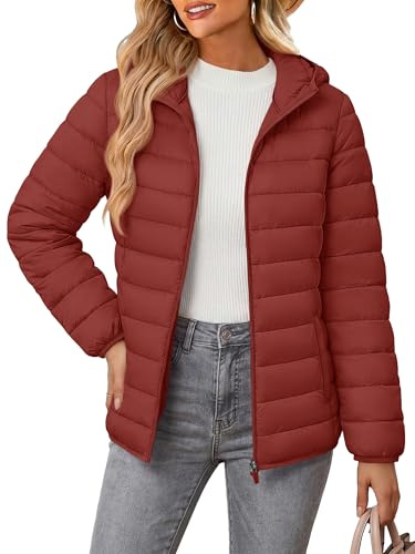 MAGCOMSEN Women's Quilted Padded Jacket with Hood Puffer Ultra-Lightweight Zip-up 4 Pockets Coat Winter Outwear, Deep Orange L