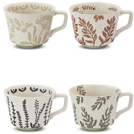 LINVIA Ceramic Coffee Mug, 11 oz Small Novelty Unique Teacup with Handle, Stoneware Cup for Tea Mocha Latte Cappuccino (Set of 4, Plants)