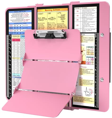Nursing Clipboard Foldable, Foldable Clip Board w/Nursing Edition Cheat Charts, 3 Layers Aluminum, Nurse Plank w/Low Profile Clip&Pen Clip Pocket for Students, Nurses and Doctors, Pink